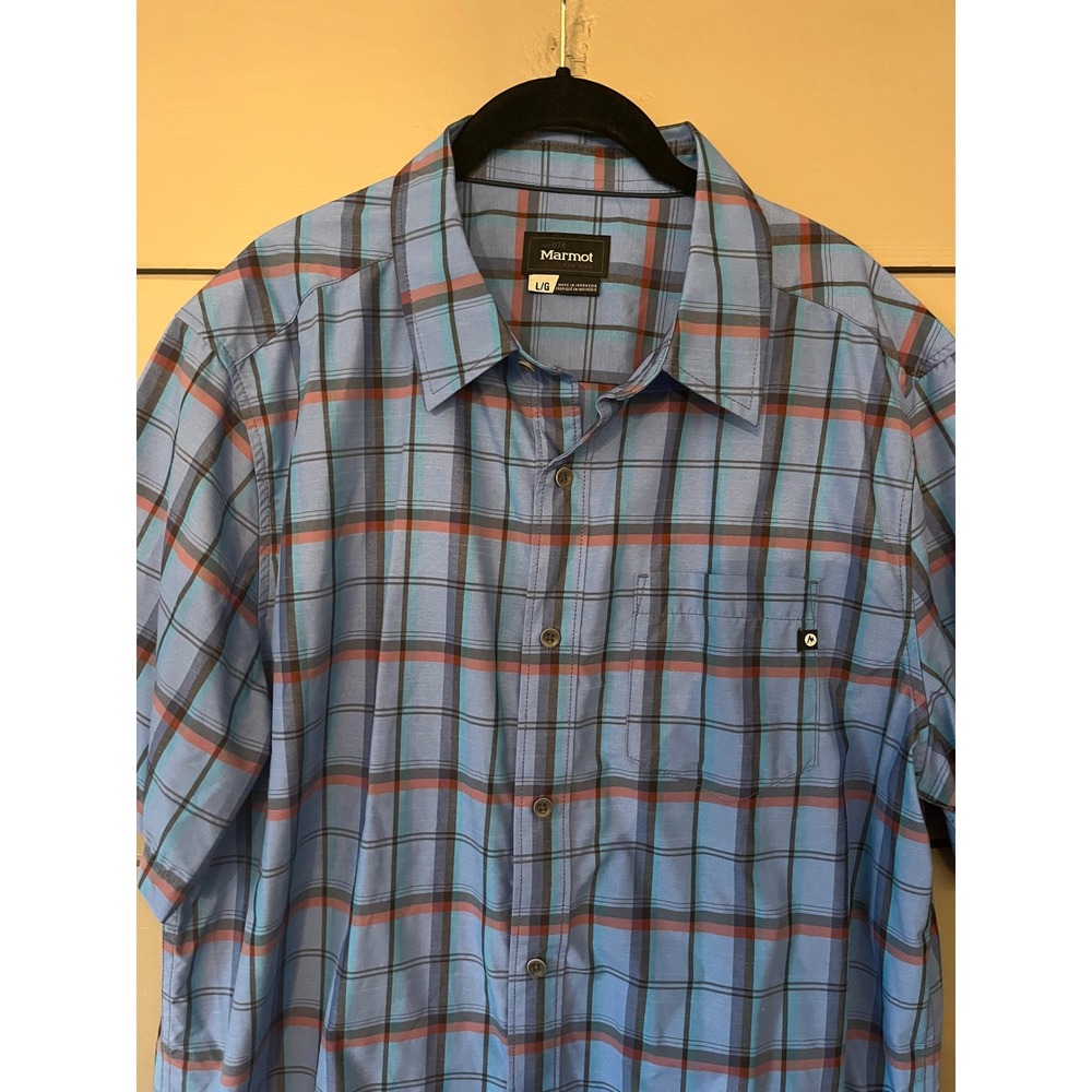Marmot Eldridge Novelty Classic Blue Plaid Short Slve Button Down Hiking Shirt L